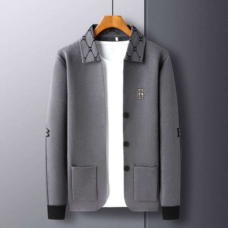 Designer Fashion Luxury Brand Men's Autumn Winter Lapel Embroidered Sweater Coat Fashionable Business Three-Dimensional Pocket Warm Knitted Jacke