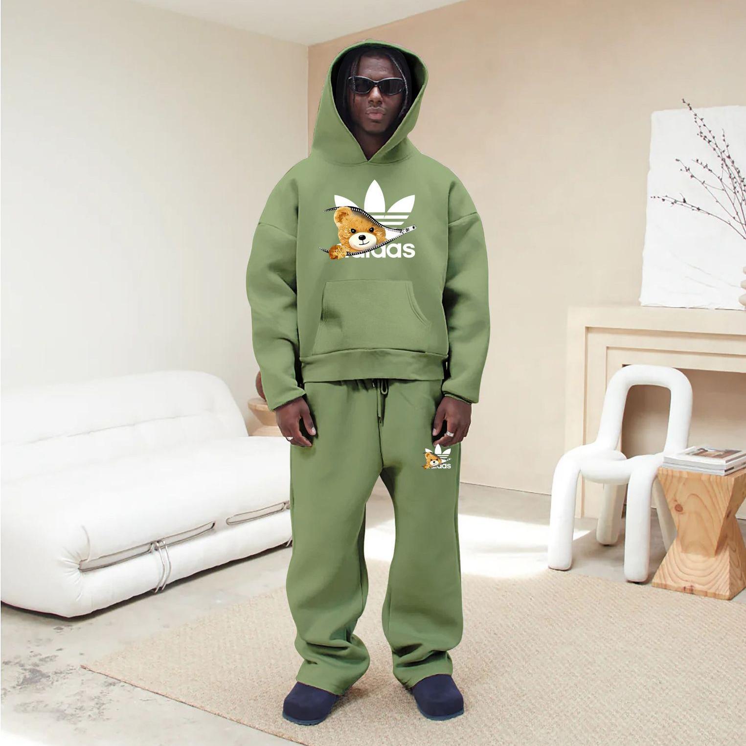 Free shipping 2026 Hot bear print trendy sports and leisure couple loose hooded sweatshirt set for men and women