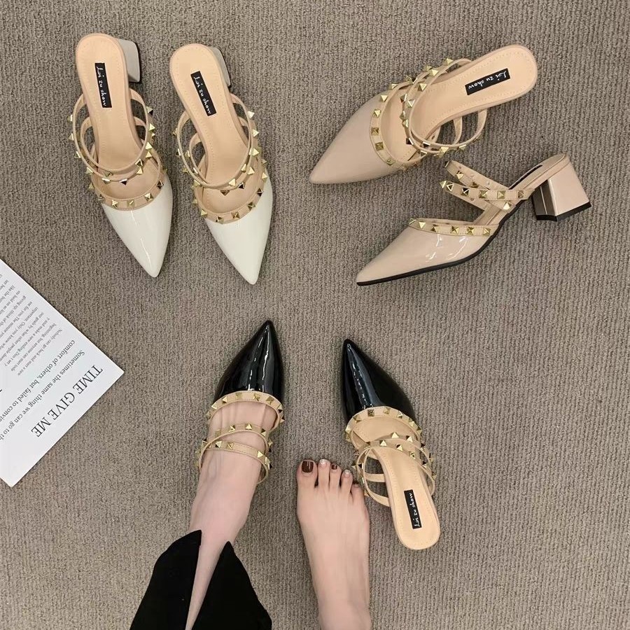 Hot new free shipping designer shoes for womens dress shoes black beige white Fashionable and versatile Pointed rivet high heels