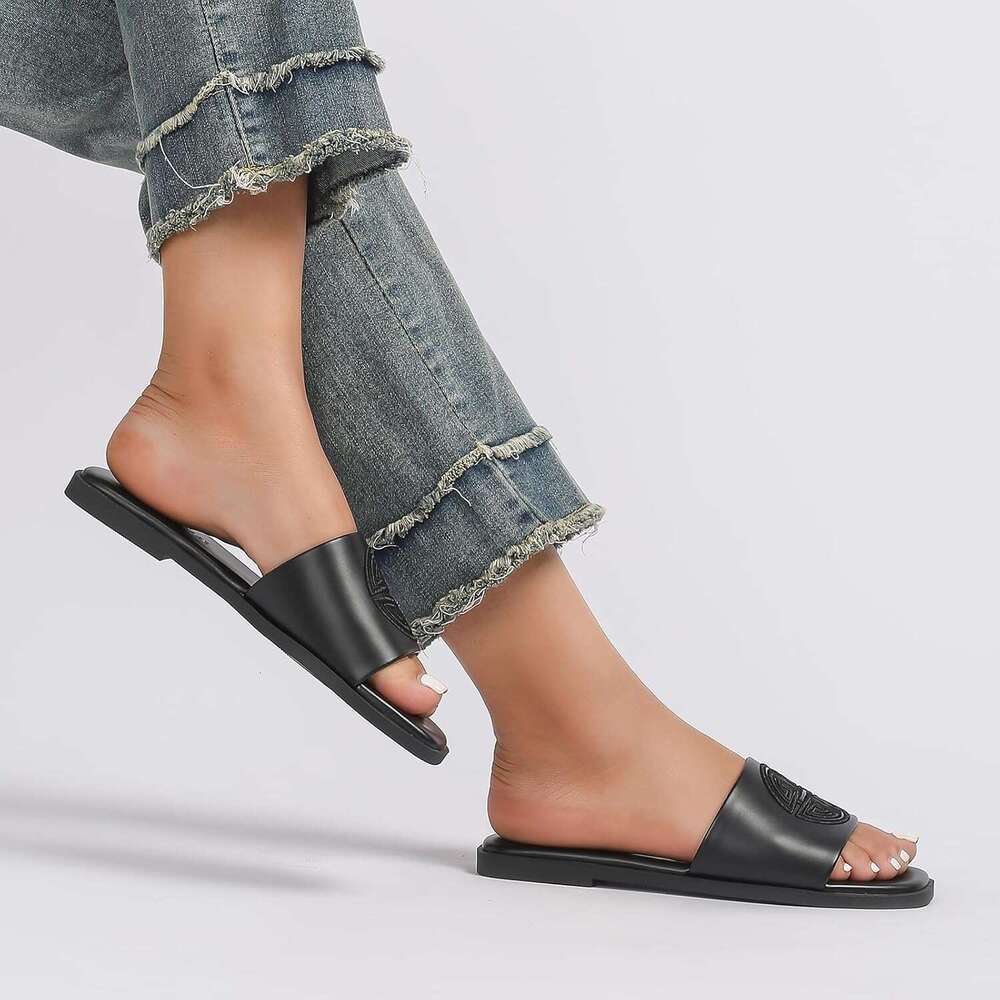 Womens Flat Dressy Summer Slide With Memory Foam Comfortable Cute Leather Black Sandals For Women
