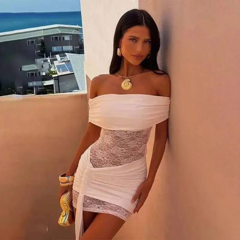 Townlike Pleated Slim Bodycon Dress Women Off Shoulder Mini 2025 Summer Dress Lace Patchwork Nightclub Sexy Party Dresses260129