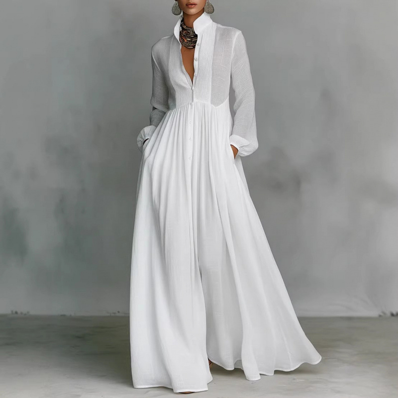 G35132 New Style Elegant Slim Fit Long Sleeve Dress with Pleated Lettering Long Dress, French Style Vacation White Dress