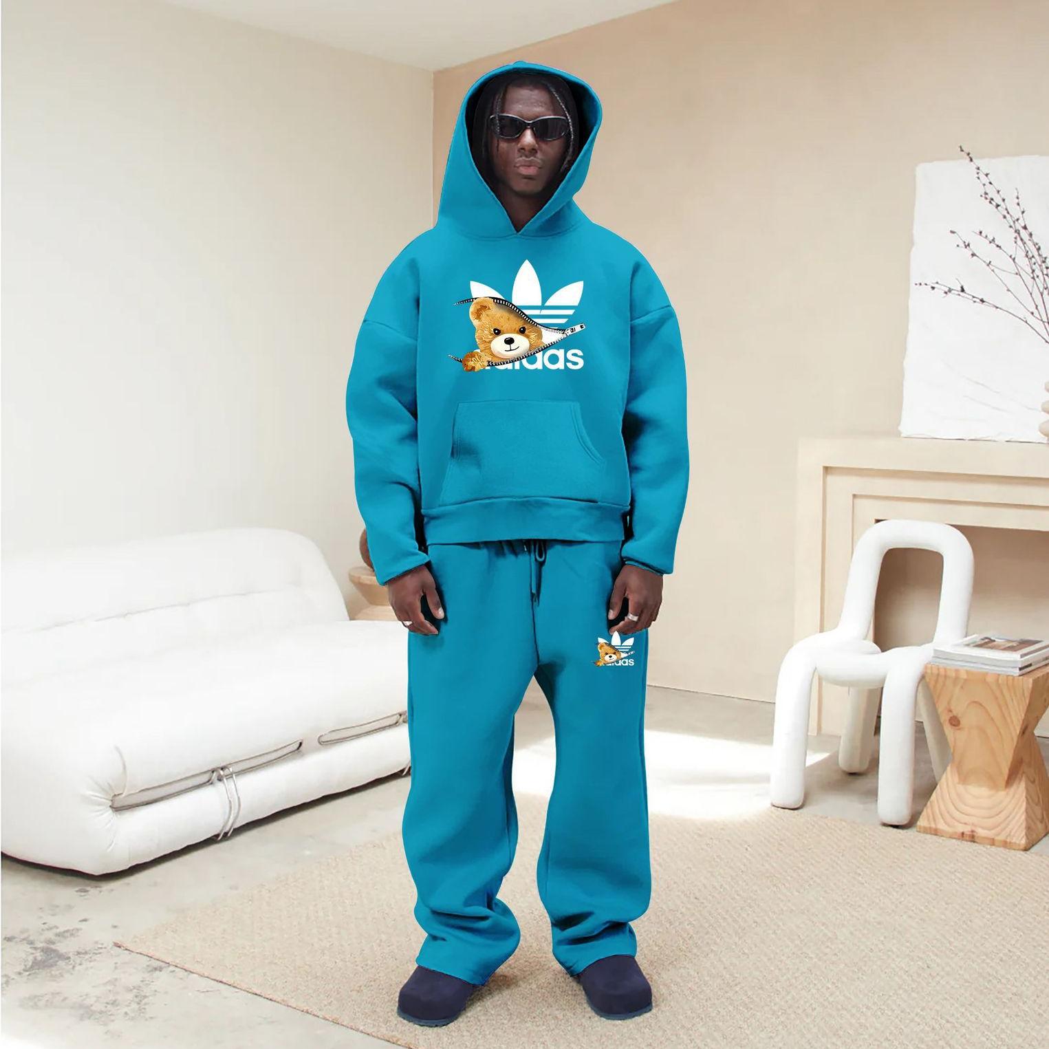 Free shipping 2026 Hot bear print trendy sports and leisure couple loose hooded sweatshirt set for men and women