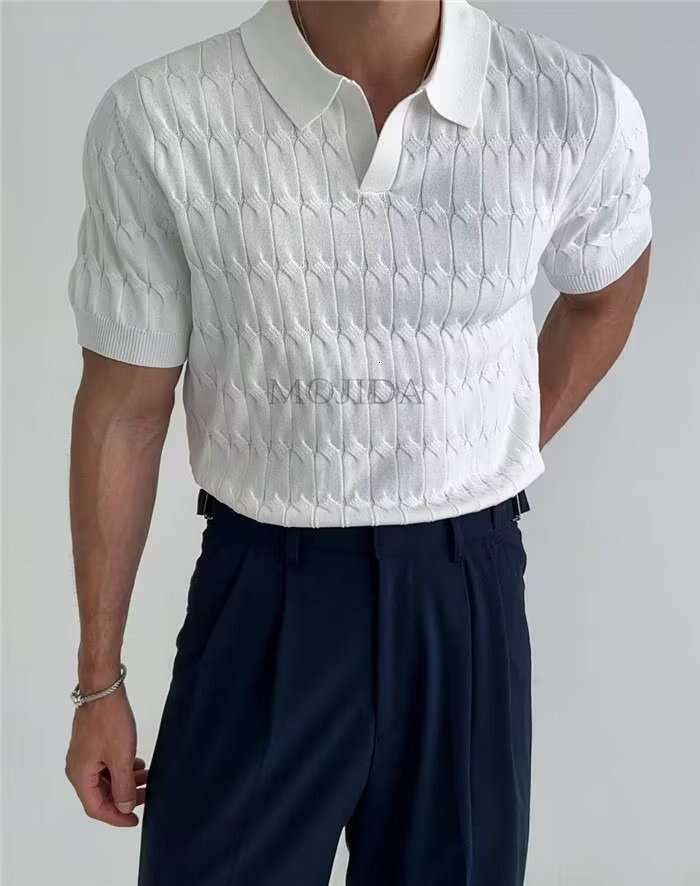 Summer T-shirt, sexy V-neck men's polo shirt, stretchy slim-fit, trendy business knitted short-sleeve
