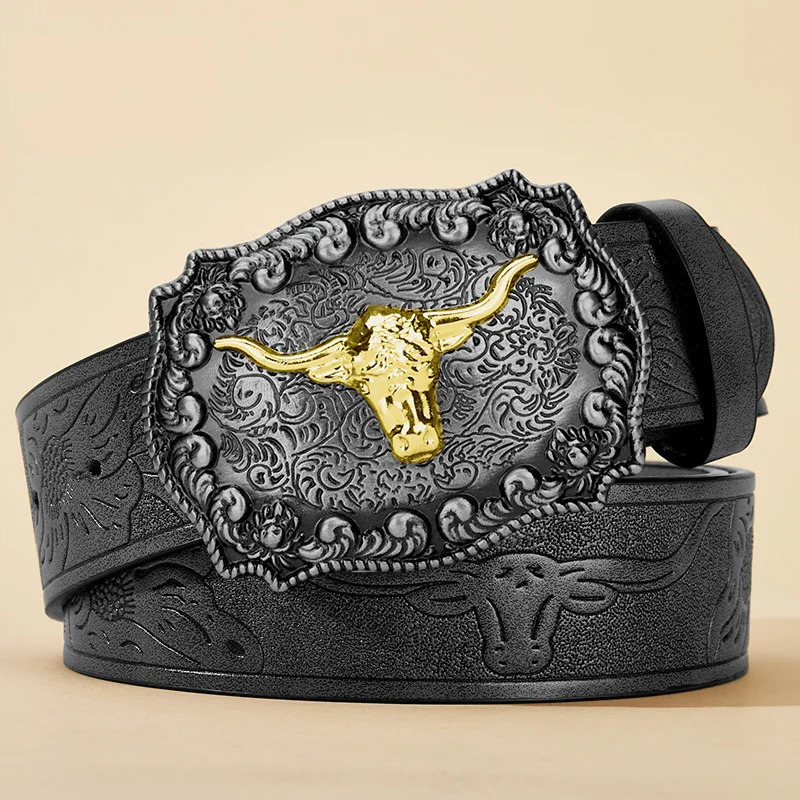 Mens and Womens Clothing Western Cowboy Style PU Leather Belt Vintage Belt with Printed Buckle for Jeans 260124
