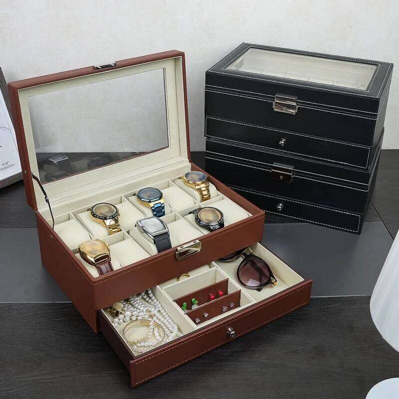 12-slot Lockable Storage Box,Jewelry Drawers, 2-tier Watch And Glasses Display Box With Glass Lid 26H0210