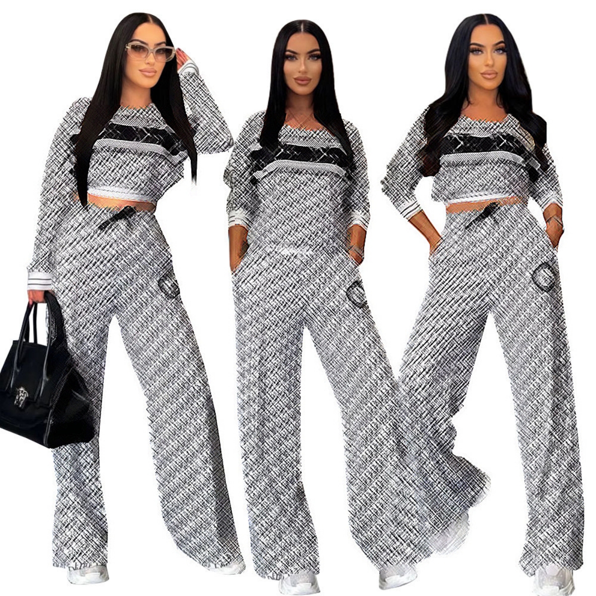 Two Piece Pant Tracksuits Women Casual Pullover Top and Wide Leg Pants Set Outfits Free Ship