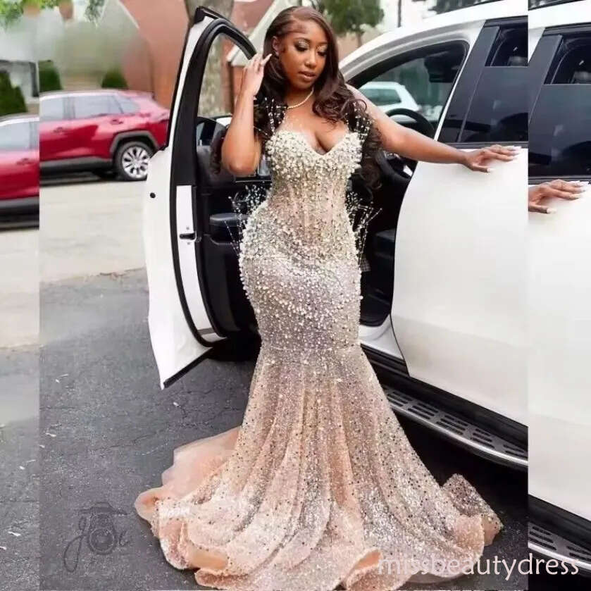 Luxury Pearl Prom Dresses For Black Girl 2026 Sequin Mermaid Birthday Party Customized African Evening Gowns D21