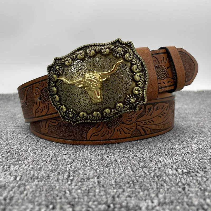 Mens and Womens Clothing Western Cowboy Style PU Leather Belt Vintage Belt with Printed Buckle for Jeans 260124