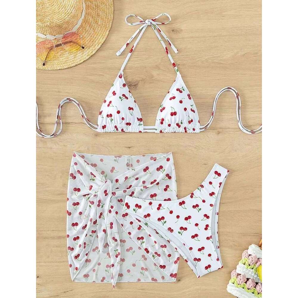 Women Frech chic cherry print bikini sets three pieces with mesh skirt swimsuit Swimwear bathing suit beach outfits biquini 26Y0210