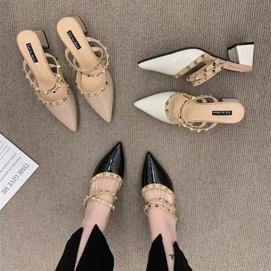 Hot new free shipping designer shoes for womens dress shoes black beige white Fashionable and versatile Pointed rivet high heels