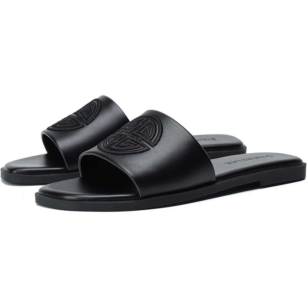 Womens Flat Dressy Summer Slide With Memory Foam Comfortable Cute Leather Black Sandals For Women