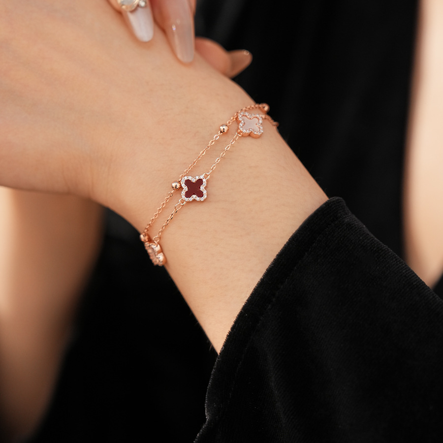 Super Shiny Zircon Mother-of-Pearl Flower Double-Layer Bracelet, Luxurious Sophisticated, Exquisite Design, Unique and Versatile Jewelry - view 4