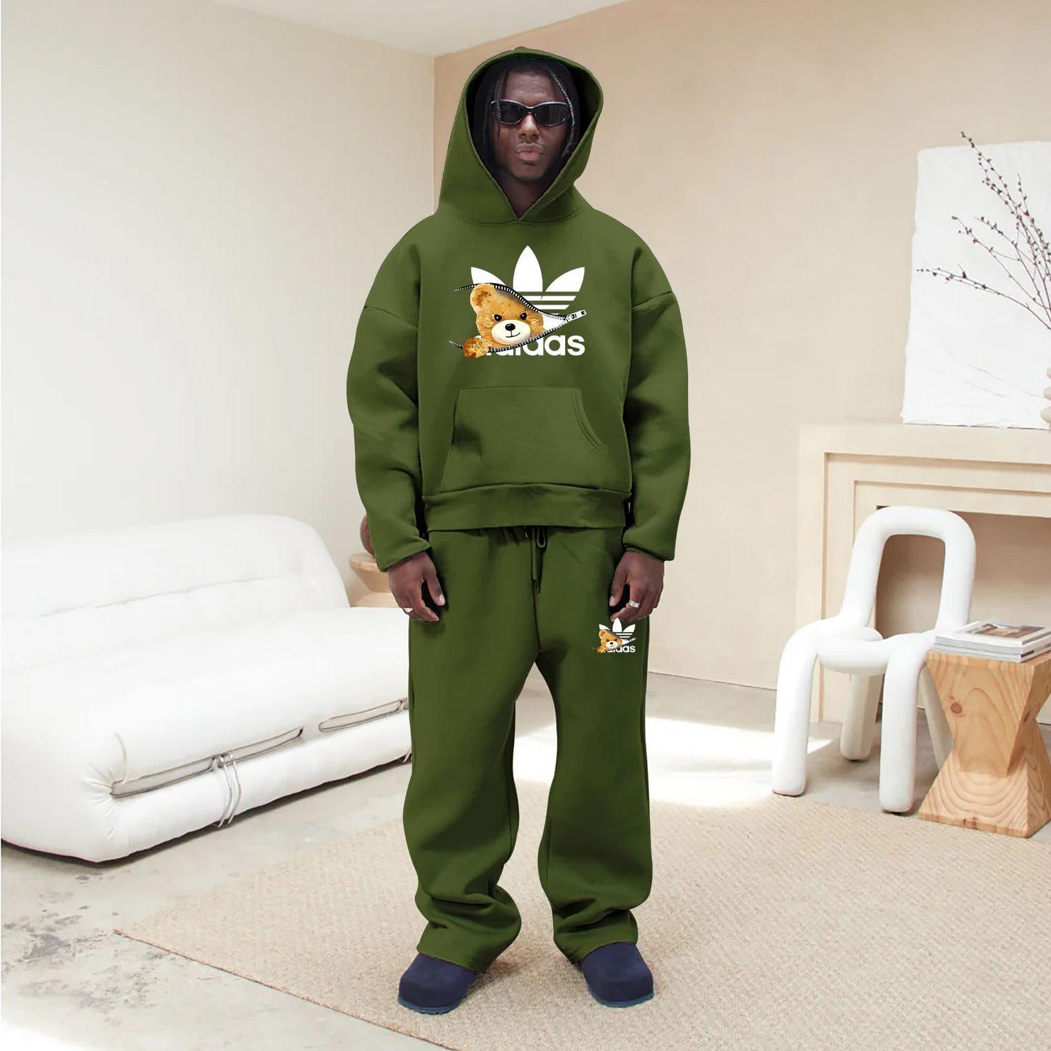 Free shipping 2026 Hot bear print trendy sports and leisure couple loose hooded sweatshirt set for men and women