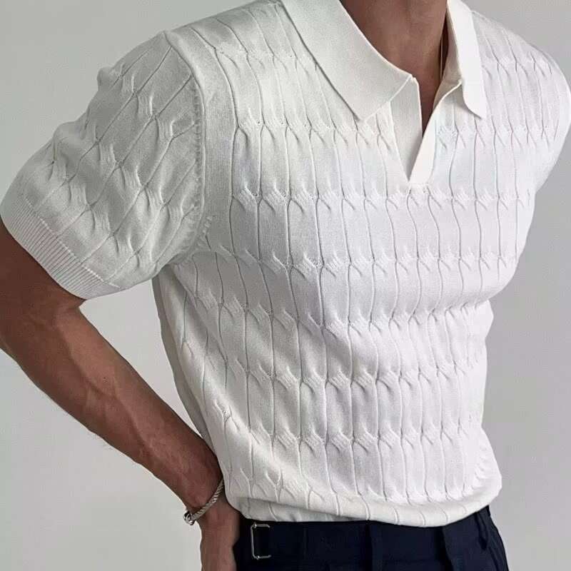 Summer T-shirt, sexy V-neck men's polo shirt, stretchy slim-fit, trendy business knitted short-sleeve