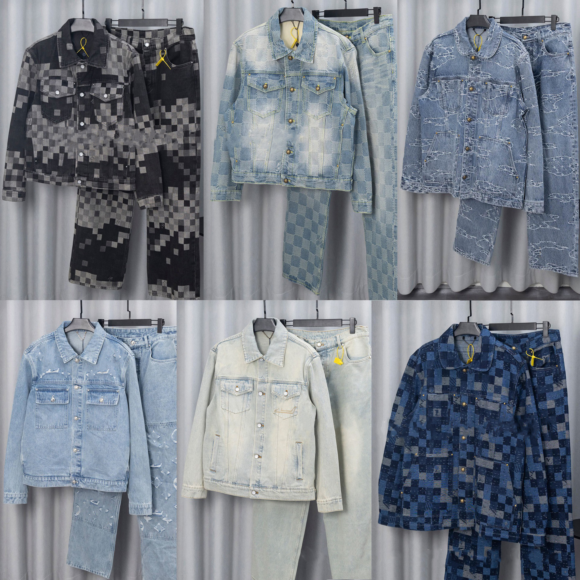 Designer Men's Baggy Jeans Embroidery Denim Jacket Straight Leg Plaid Jeans Set Vintage Luxury Washed Denim Pants Men