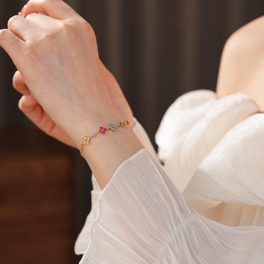 Real Gold Plated Colorful Zircon Flower Fashionable Commuting Versatile Exquisite Light Luxury High-end Bracelet for Women - view 3