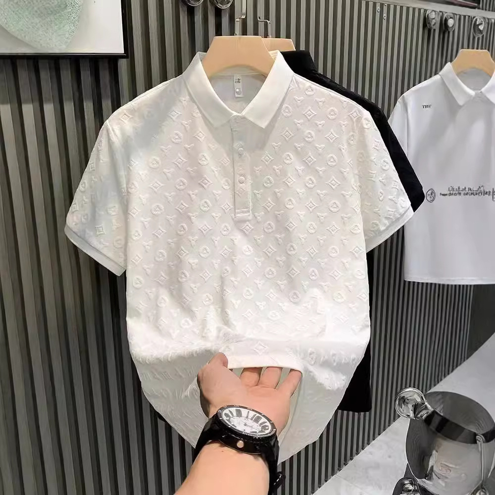 Free shipping 2026 men's business polo shirt casual jacquard lapel fashionable printed short sleeved shirt