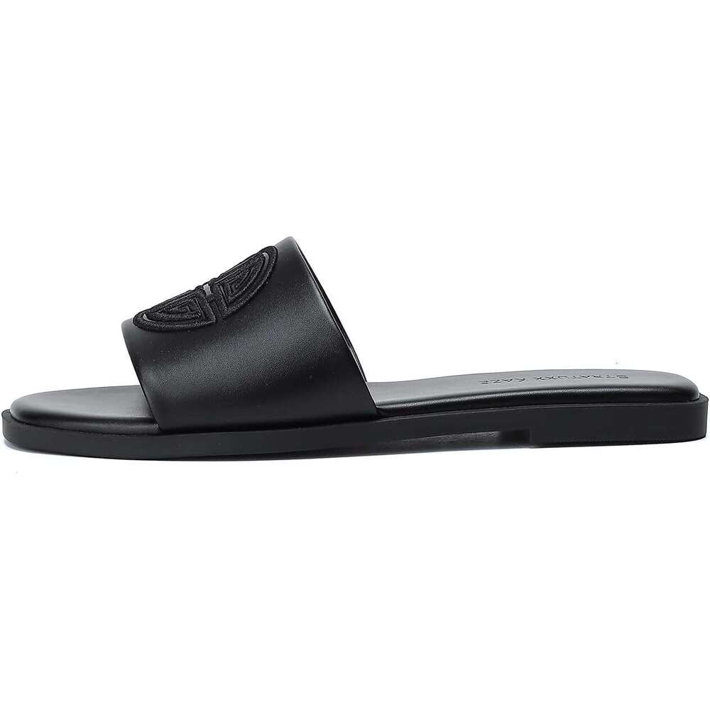 Womens Flat Dressy Summer Slide With Memory Foam Comfortable Cute Leather Black Sandals For Women