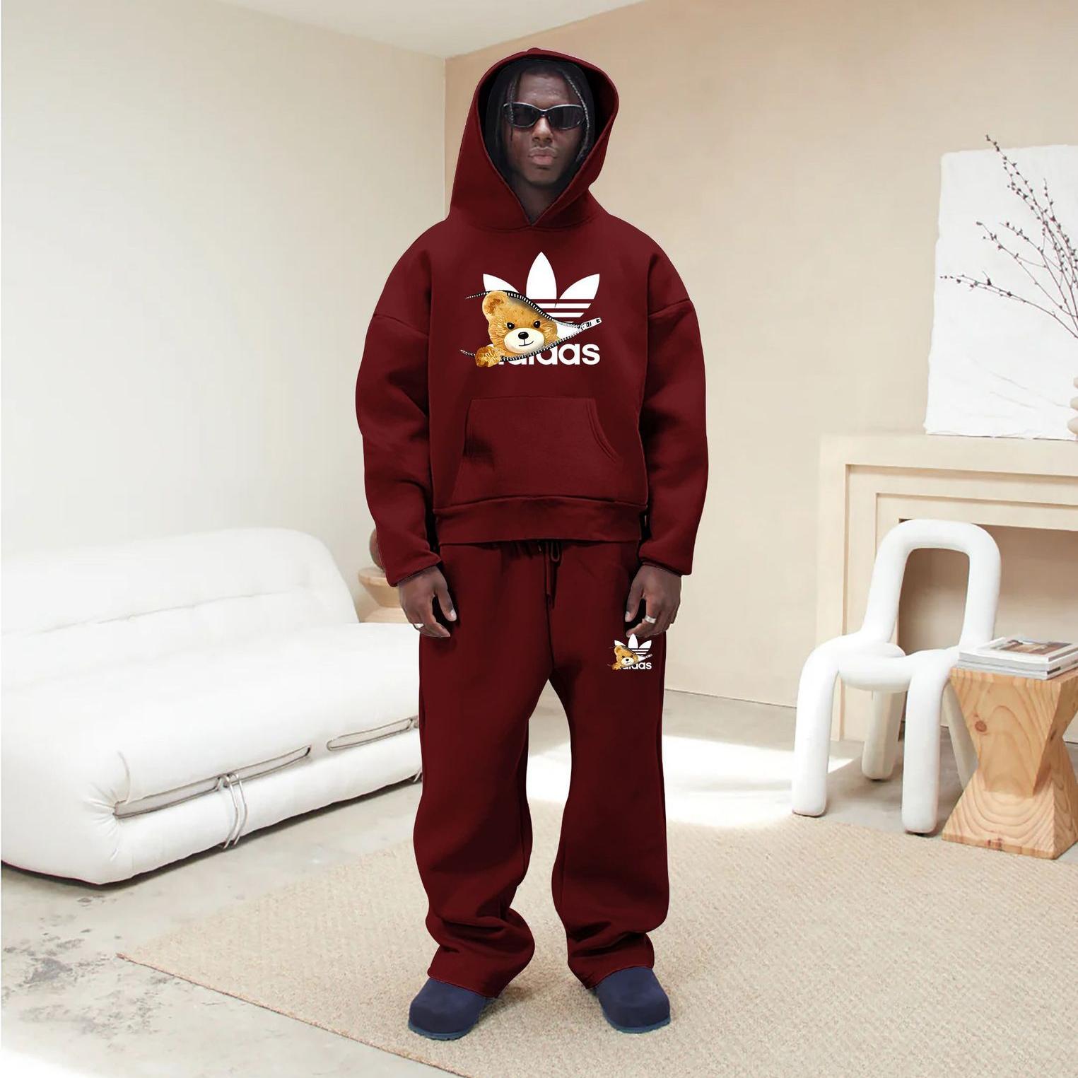 Free shipping 2026 Hot bear print trendy sports and leisure couple loose hooded sweatshirt set for men and women