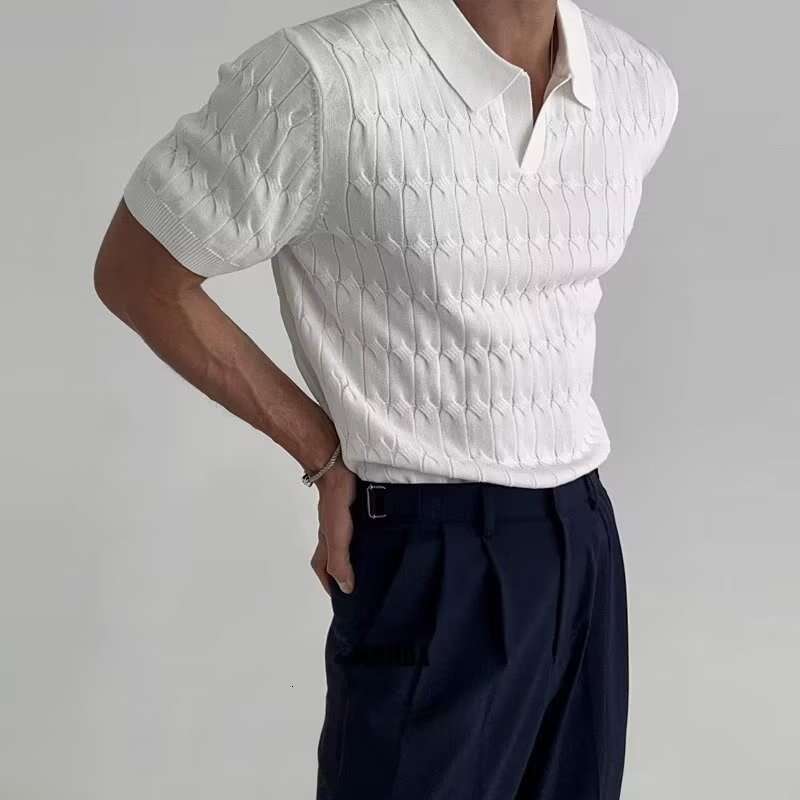 Summer T-shirt, sexy V-neck men's polo shirt, stretchy slim-fit, trendy business knitted short-sleeve