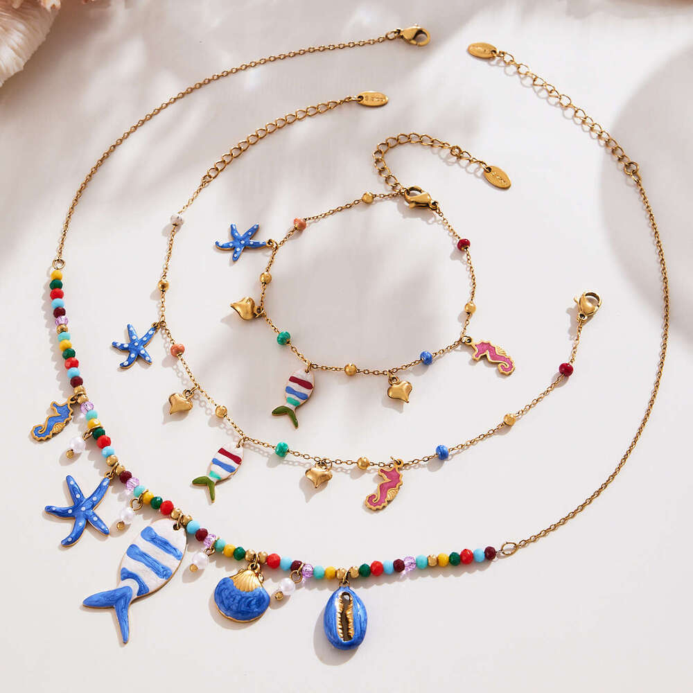 Stainless Steel DIY Multi-accessory Clownfish Oil Drop Pendant Necklace Bracelet Anklet Set 18K Gold Plated