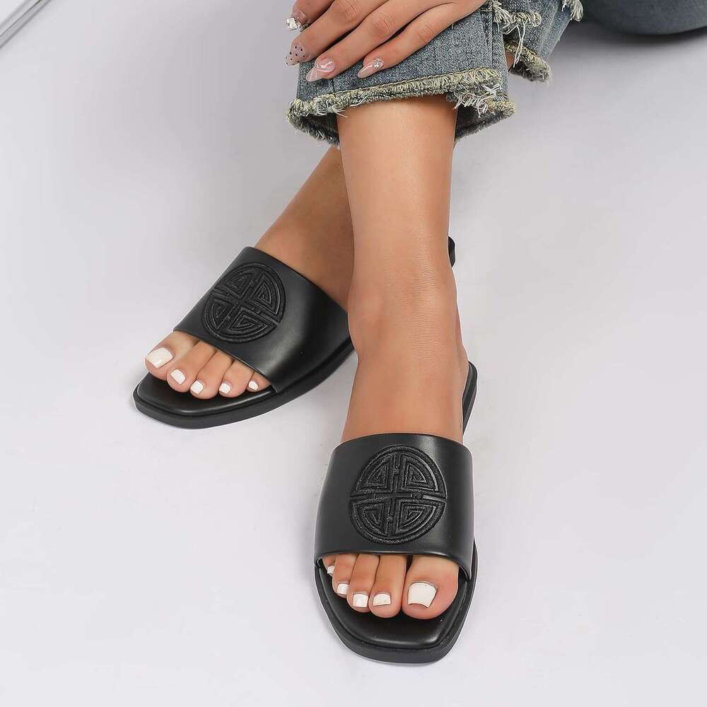 Womens Flat Dressy Summer Slide With Memory Foam Comfortable Cute Leather Black Sandals For Women