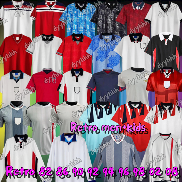 Englands mens Retro 82 86 02 08 Soccer Jerseys Home away Classic 1990 1994 1992 1996 1998 SHEARER GASCOIGNE OWEN GERRARD Scholes mens kids long sleeves football shirts