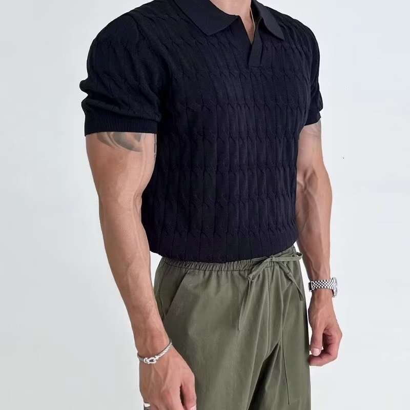 Summer T-shirt, sexy V-neck men's polo shirt, stretchy slim-fit, trendy business knitted short-sleeve