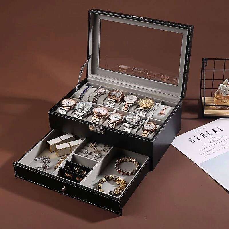 12-slot Lockable Storage Box,Jewelry Drawers, 2-tier Watch And Glasses Display Box With Glass Lid 26H0210