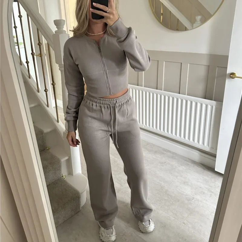 Womens Casual Sports Twopiece Set Autumn And Winter Fashion Longsleeved Zipper Cardigan Slim Top With Straight Pants Suit 260205 - view 6