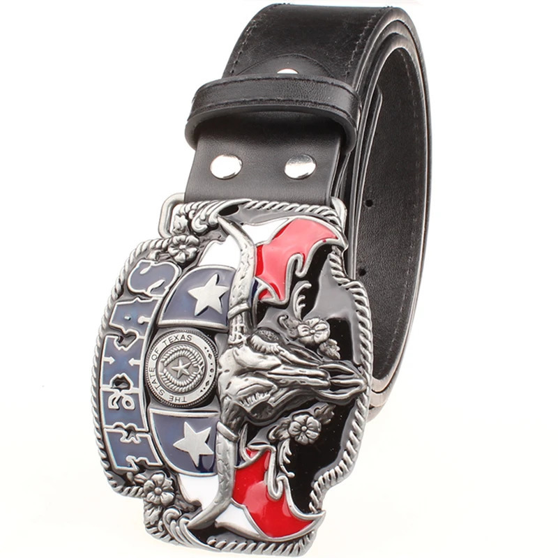 Wild West TEXAS Cowboy Belt Bull Skull Head Metal Buckle American Texan Pride Fashion Waistband For Men 260124