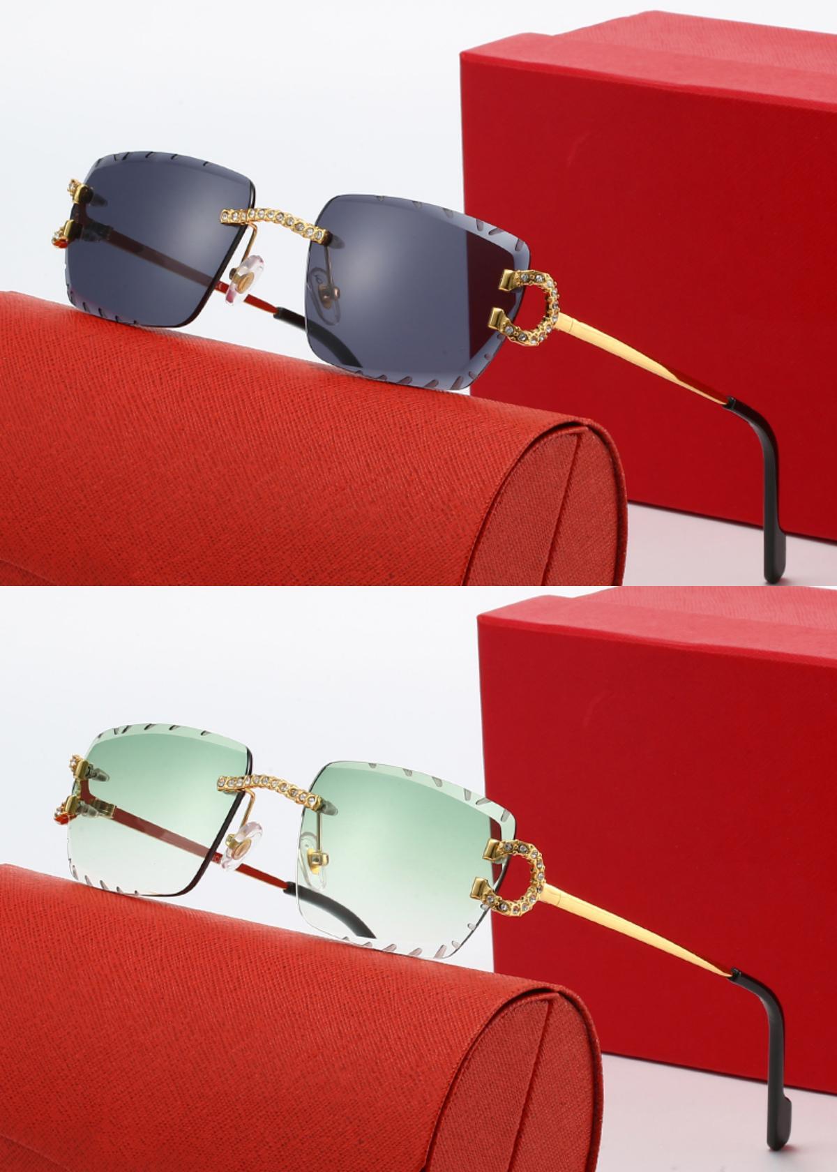 2026 Luxury Diamond Cut Sunglasses With C Decoration Frame Woman Gold Rimless Sun Glasses Man Large Square Eyewear UV400 Designer Model Glasses Male and Female