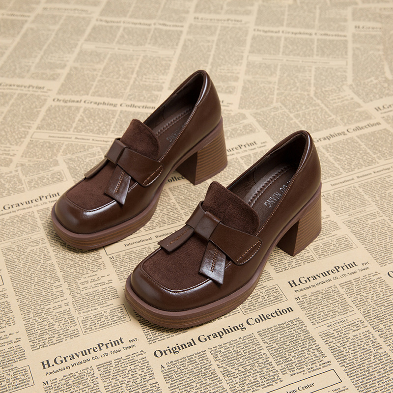 Dress Shoes New Women's Loafers Chunky Heel High Heels Popular Brown Leather Shoes