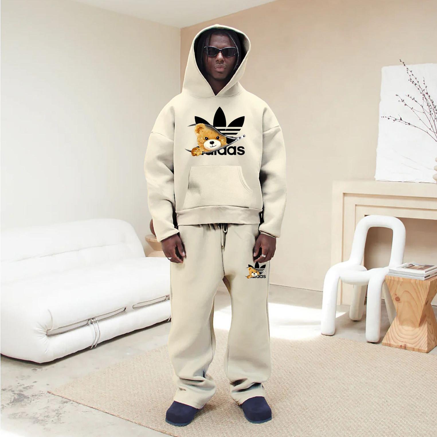 Free shipping 2026 Hot bear print trendy sports and leisure couple loose hooded sweatshirt set for men and women