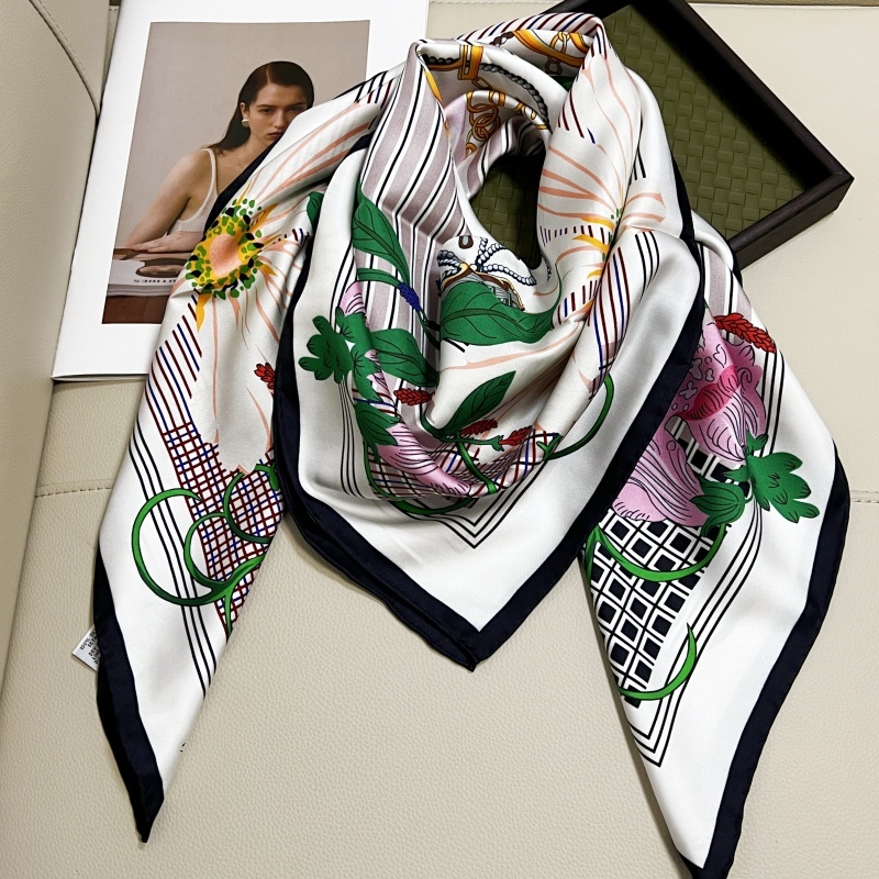 Women's square scarves 100% twill silk material white pint flowers pattern size 110cm- 110cm