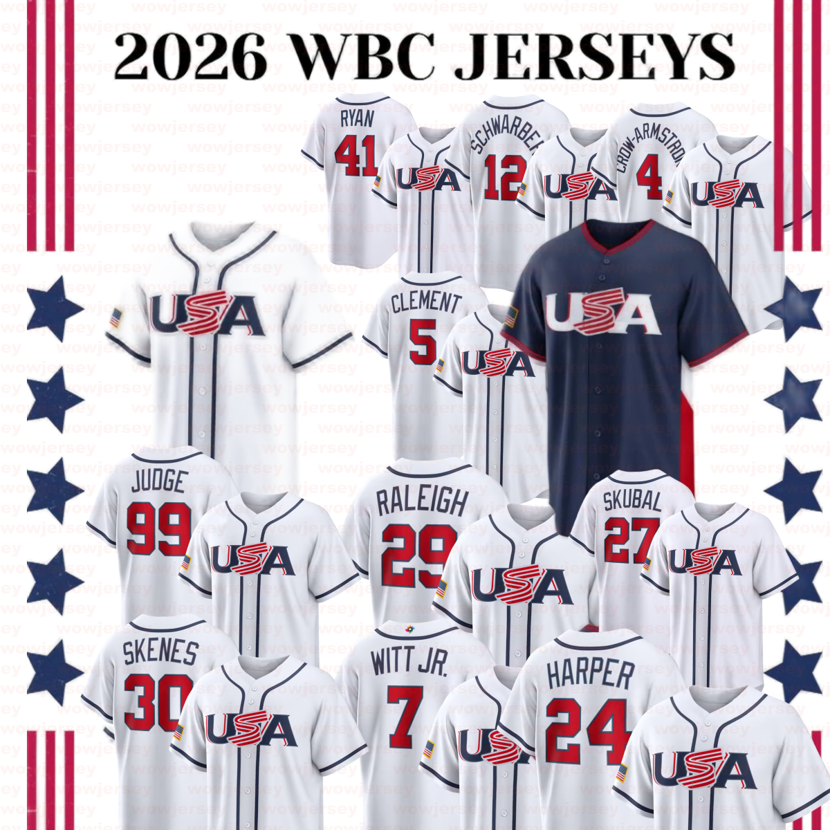 Team USA WBC Aaron Judge Baseball Jersey 2026 Cal Raleigh Will Smith Alex Bregman Ernie Clement Paul Goldschmidt Bryce Harper Gunnar Henderson Brice Turang Witt Jr.