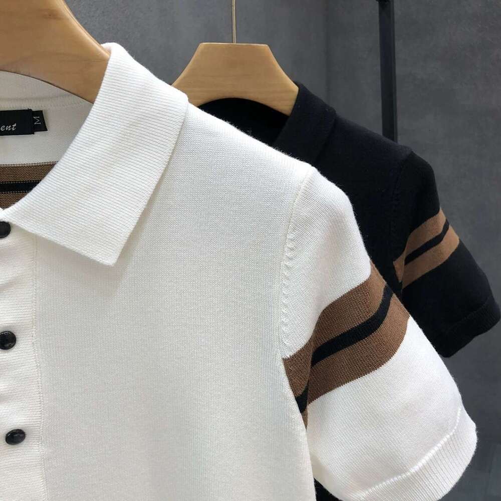 Men's short-sleeve knit polo shirt, available in white and black featuring a collar with button design combining style and practicality