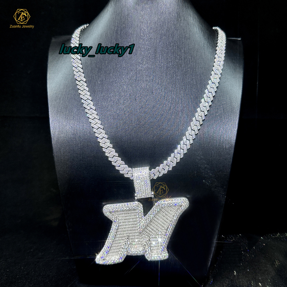 2025 Newest Custom Personalized Hip Hop Jewelry Sterling Silver Initial Letter M Iced Pendant Cuban Chain Moissanite 925 Parties