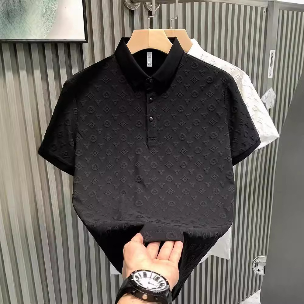 Free shipping 2026 men's business polo shirt casual jacquard lapel fashionable printed short sleeved shirt