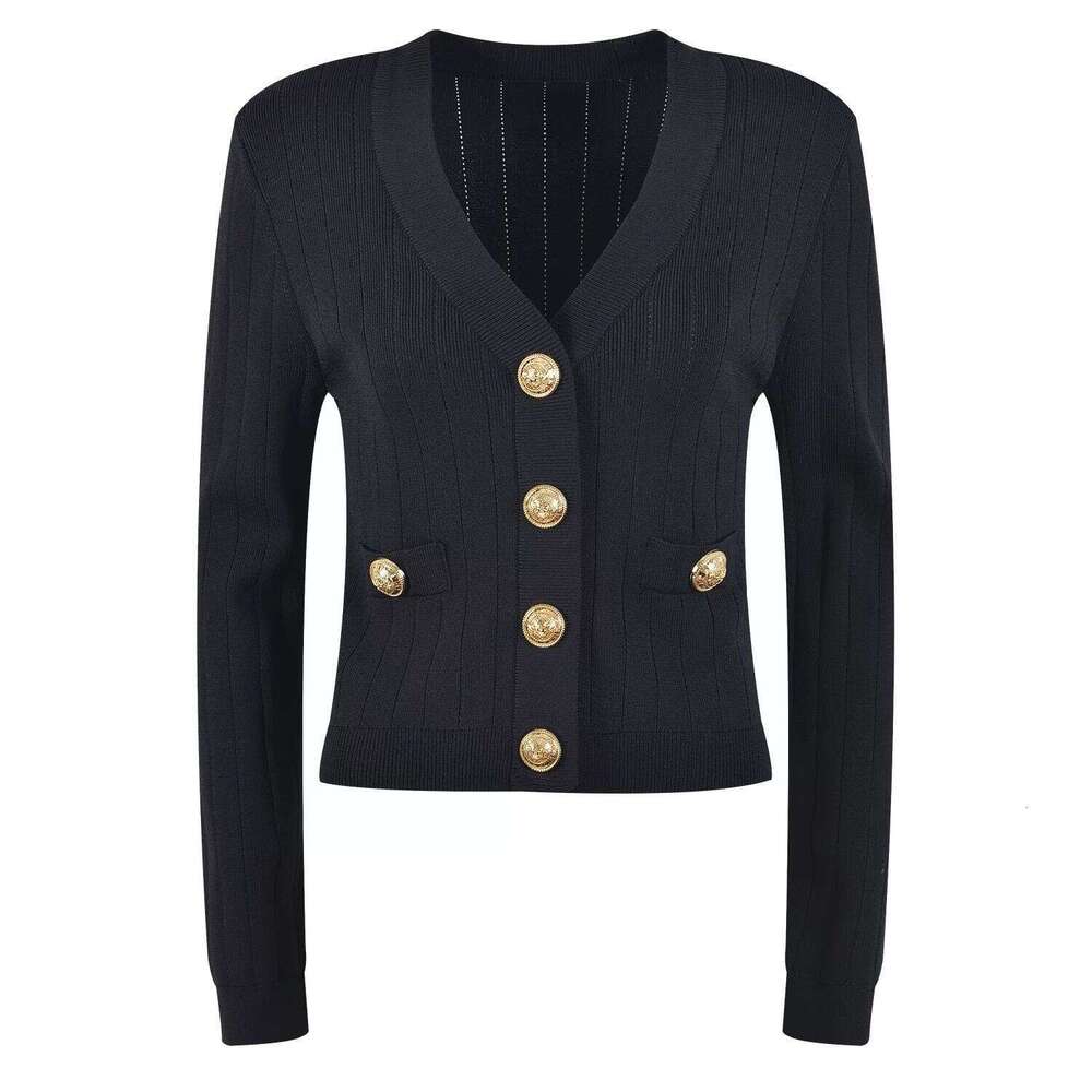 2026 Spring and Autumn new luxury style gold button slim fit shoulder padded jacket V-neck knitted cardigan