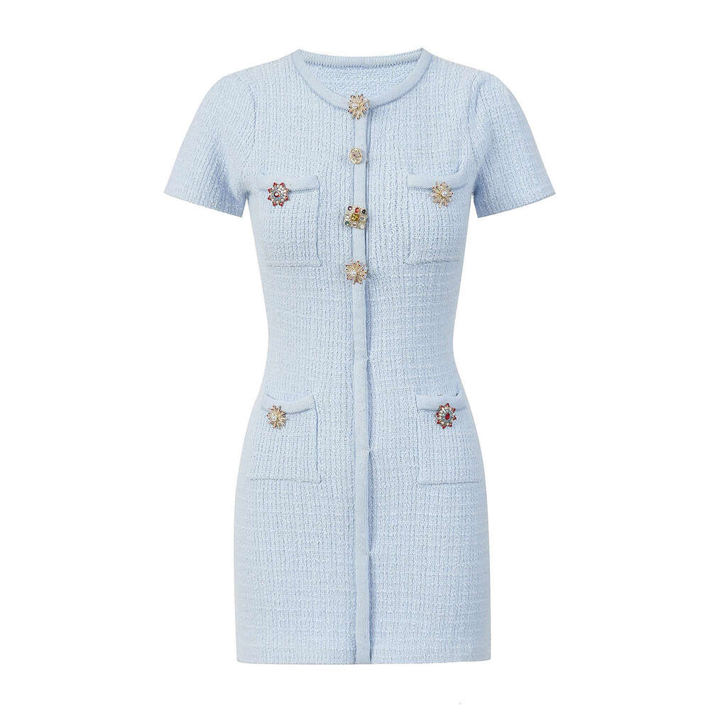 2026 autumn new elegant social exquisite style rhinestone buckle design feeling hazy blue knitted short skirt