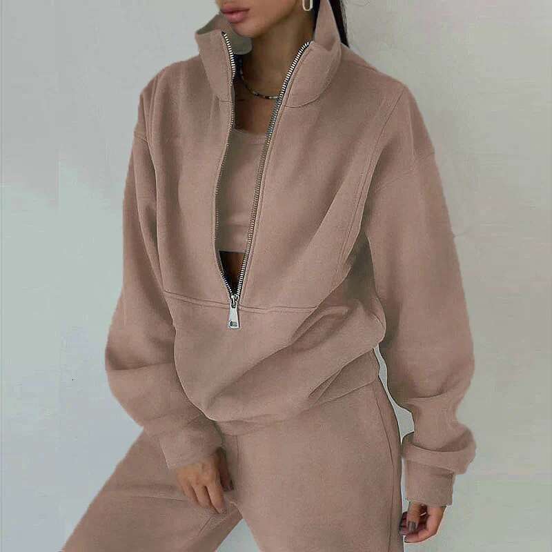 Women's two-piece long pants women's sports sweatshirt set stand collar zipper long sleeved hooded high stretch sports pants set