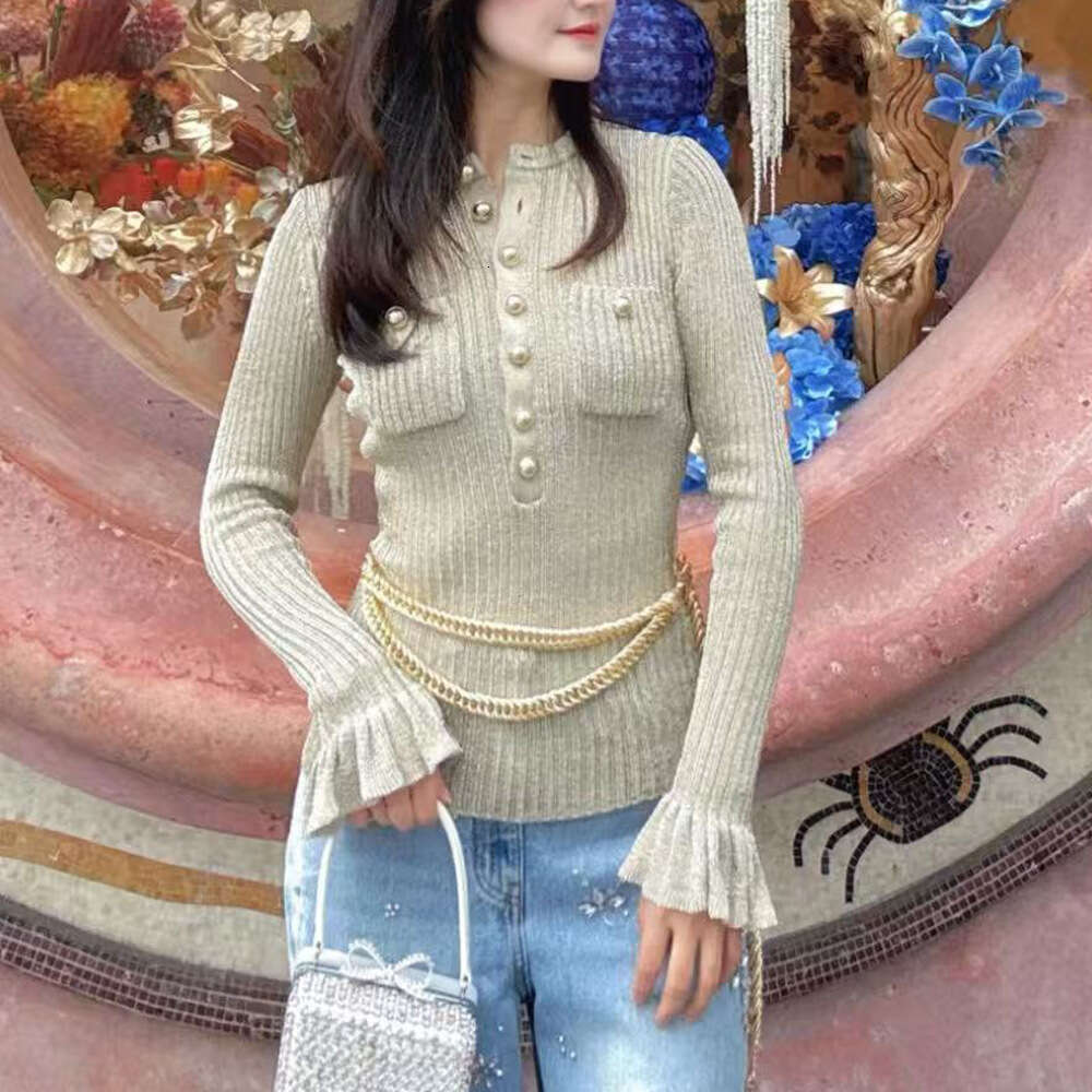2026 Autumn/Winter New Women's Fashion Gold Round Neck Long Sleeve Solid Color Slimming Knitted Top