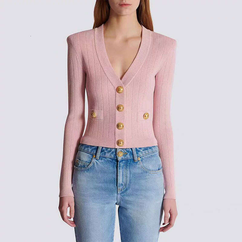 2026 Spring and Autumn new luxury style gold button slim fit shoulder padded jacket V-neck knitted cardigan