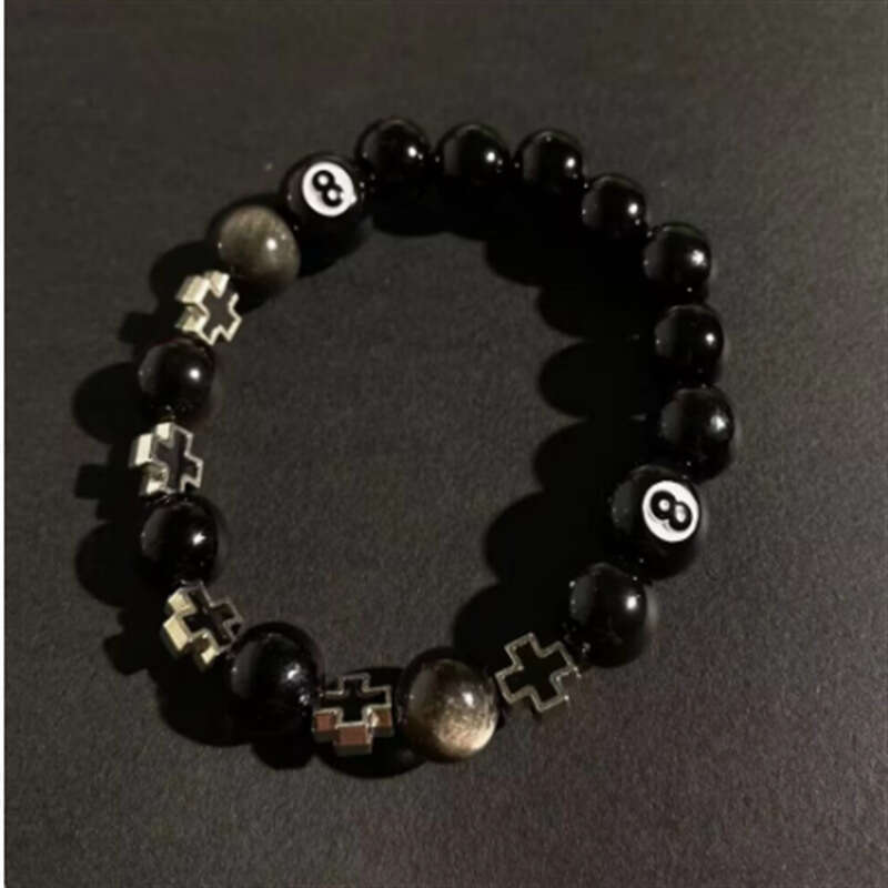 Beaded Bracelet Black 8-ball Adorned With Metal Cross Combined With Gold And Silver Obsidian Streetwear Cool Style