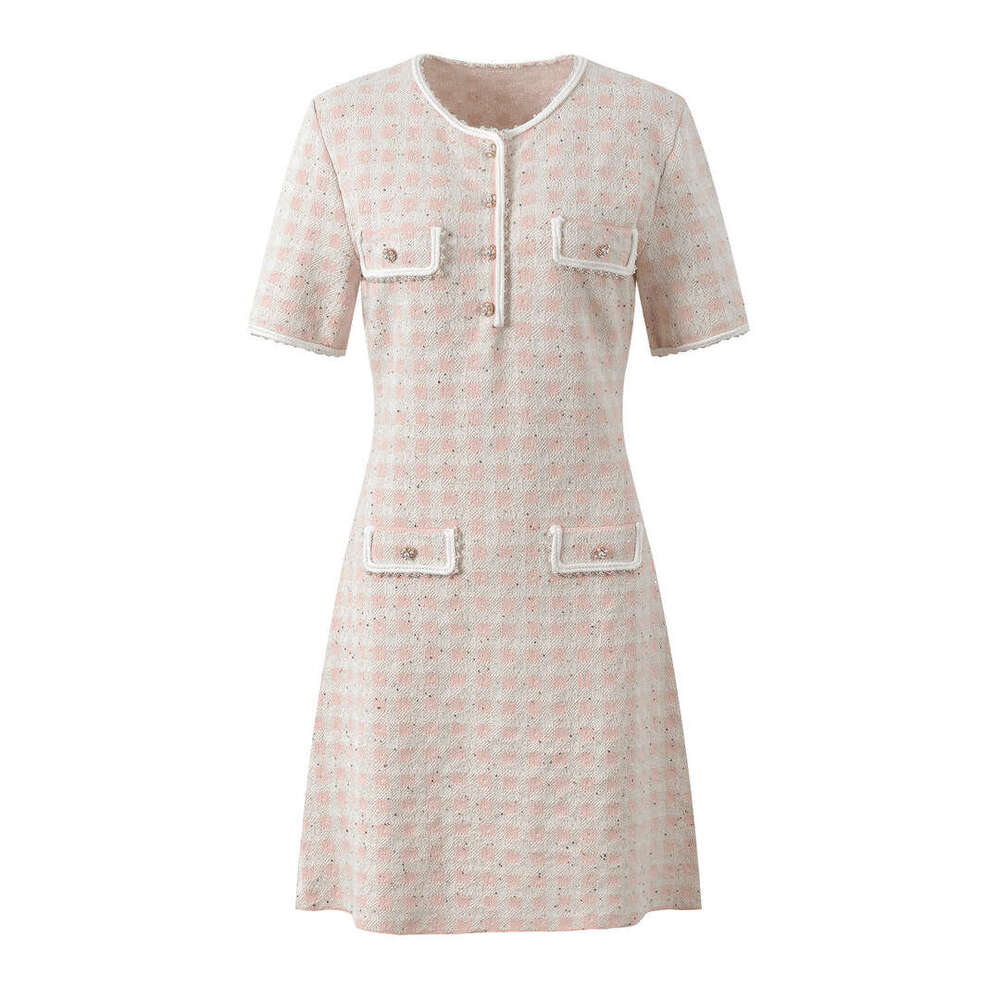 2026 Spring/Summer New Soft and Sweet Design Checkered Round Neck Knitted Short Sleeve A-line Dress
