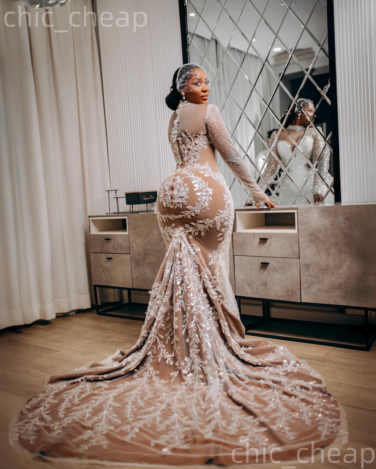 African Aso Ebi 2026 Ivory Mermaid Wedding Dress Illusion Beaded Sequined Lace High Neck Long Sleeves Sparkly Gowns Dresses ZJ2331