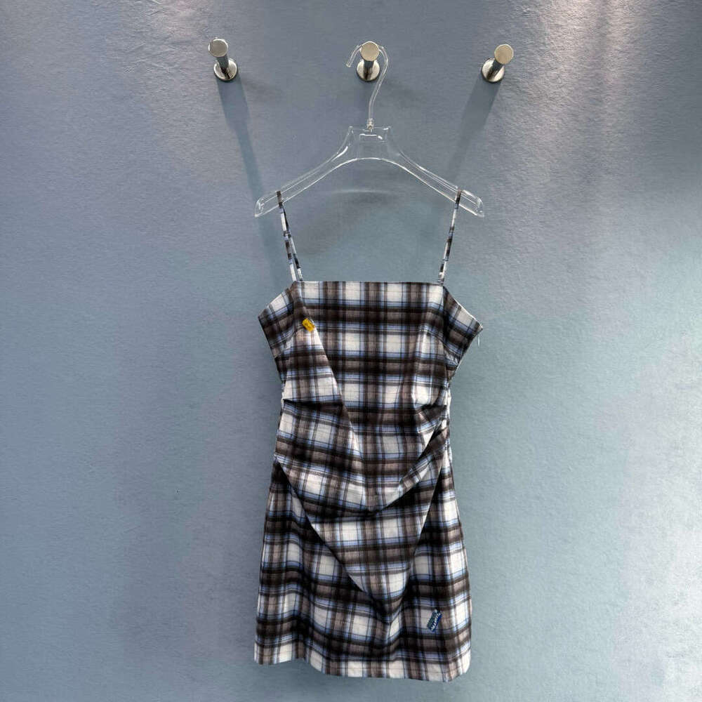 High quality 2026 summer new woven plaid vacation style women's linen suspender dress
