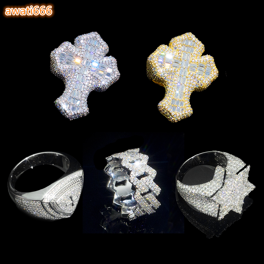 Wholesale Gold Plated Diamond Cross Men Ring Hip Hop Style Iced Out 925 Silver Cuban Link Six-pointed Star Rings